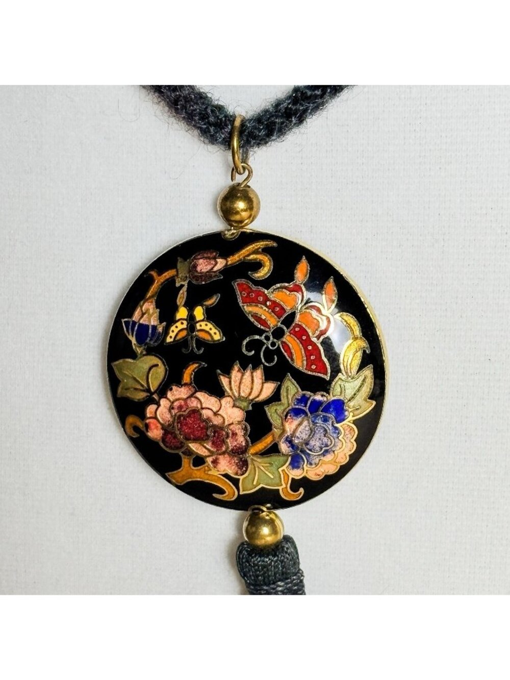 Vintage Black Cloisonné Pendant 24” Pink Floral Butterfly Tassel Necklace B102